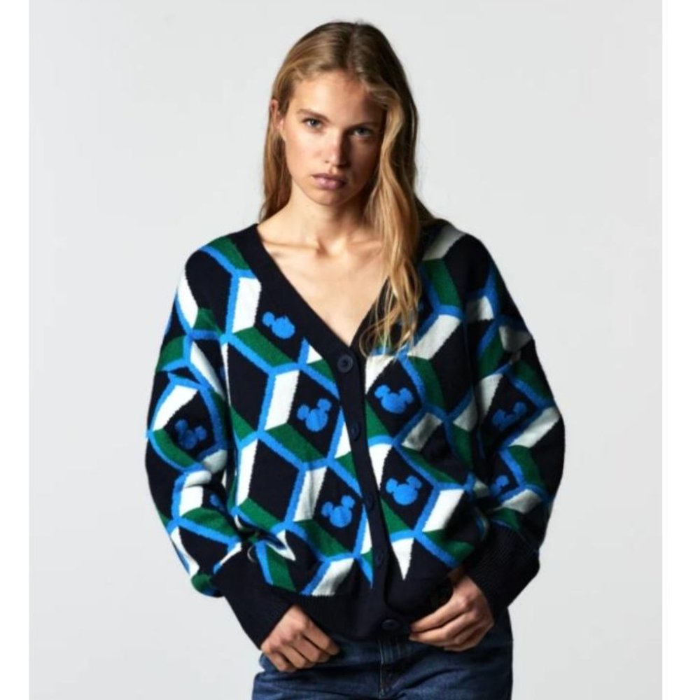 NWT ZARA MICKEY MOUSE DISNEY LONGLINE KNIT CARDIGAN SWEATER BLUE GREEN BLACK